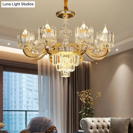 Retro Clear Glass Gold Pendant Chandelier With Crystal Decor - Cylindrical Living Room Light