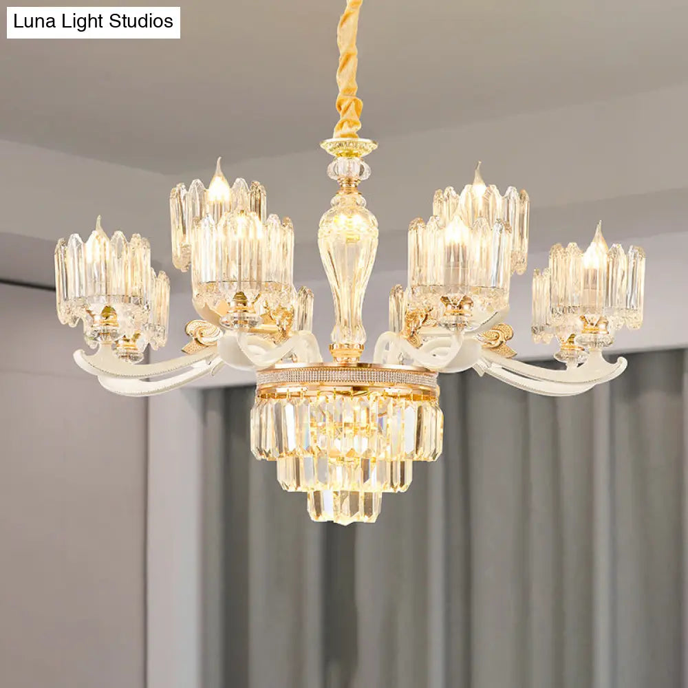 Retro Clear Glass Gold Pendant Chandelier With Crystal Decor - Cylindrical Living Room Light