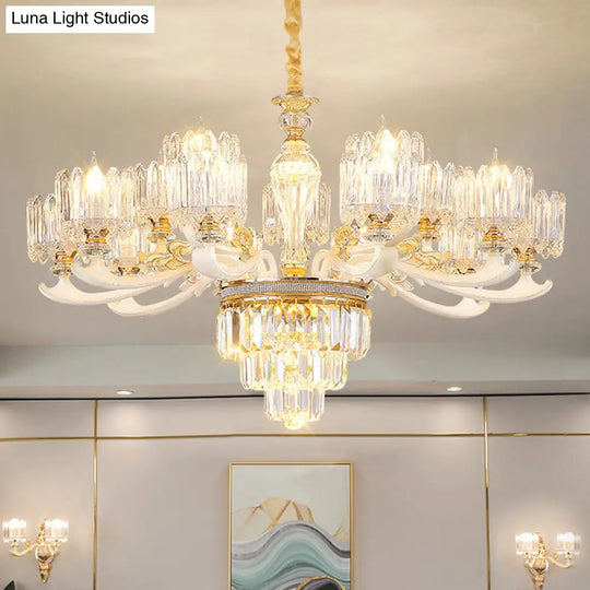 Retro Clear Glass Gold Pendant Chandelier With Crystal Decor - Cylindrical Living Room Light