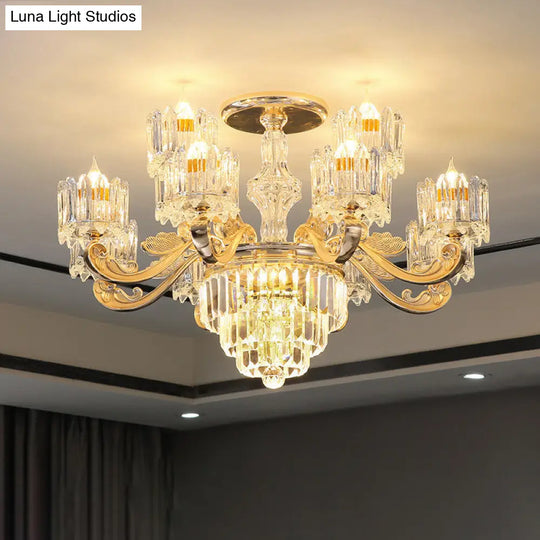 Retro Clear Glass Gold Pendant Chandelier With Crystal Decor - Cylindrical Living Room Light