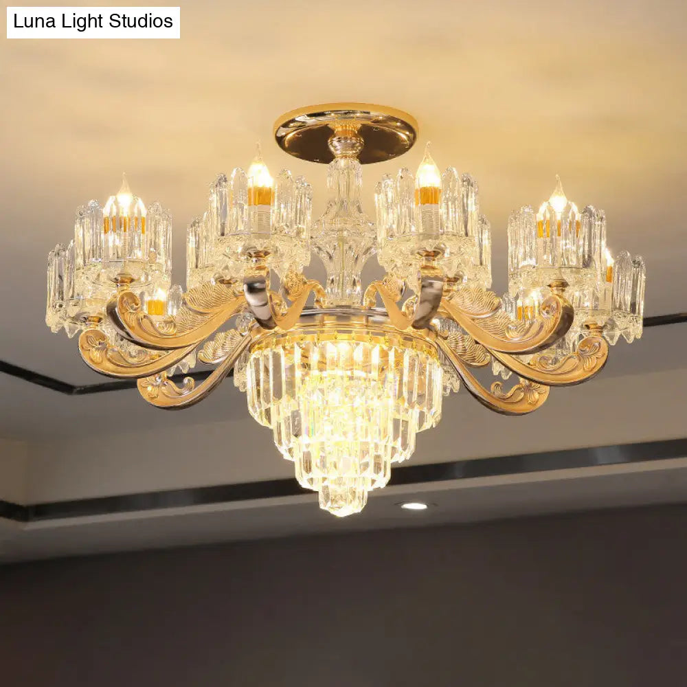 Retro Clear Glass Gold Pendant Chandelier With Crystal Decor - Cylindrical Living Room Light