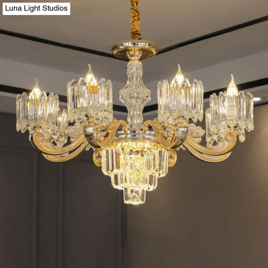 Retro Clear Glass Gold Pendant Chandelier With Crystal Decor - Cylindrical Living Room Light