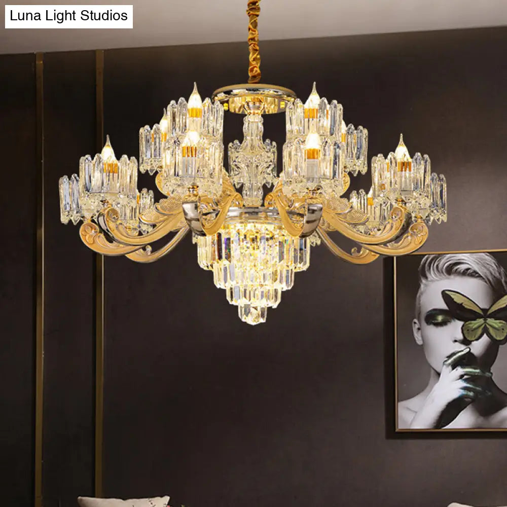 Retro Clear Glass Gold Pendant Chandelier With Crystal Decor - Cylindrical Living Room Light