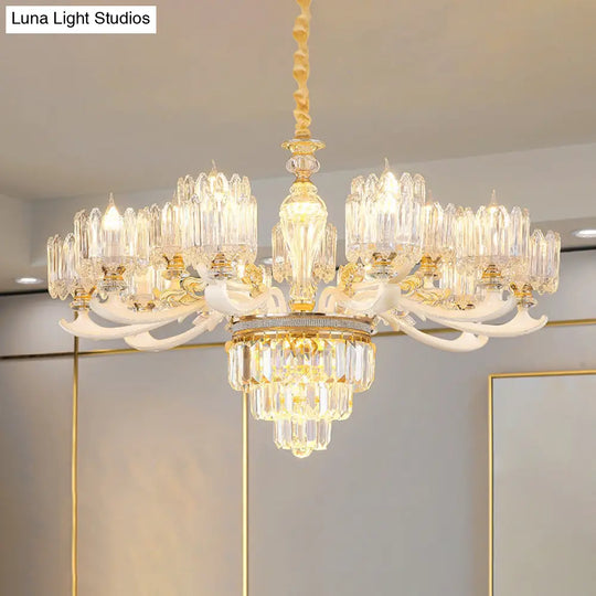 Retro Clear Glass Gold Pendant Chandelier With Crystal Decor - Cylindrical Living Room Light