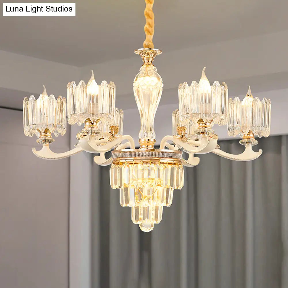 Retro Clear Glass Gold Pendant Chandelier With Crystal Decor - Cylindrical Living Room Light