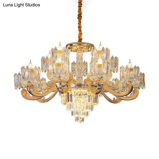 Retro Clear Glass Gold Pendant Chandelier With Crystal Decor - Cylindrical Living Room Light