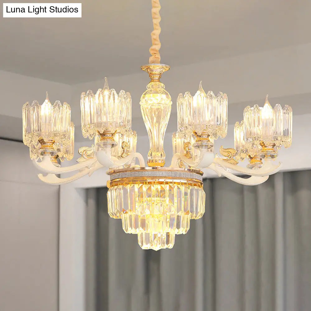 Retro Clear Glass Gold Pendant Chandelier With Crystal Decor - Cylindrical Living Room Light