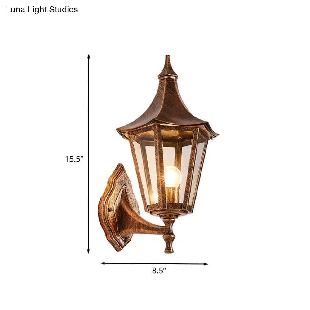 Retro Clear Glass Pavilion 1-Light Wall Sconce In Bronze - Courtyard Lighting Fixture