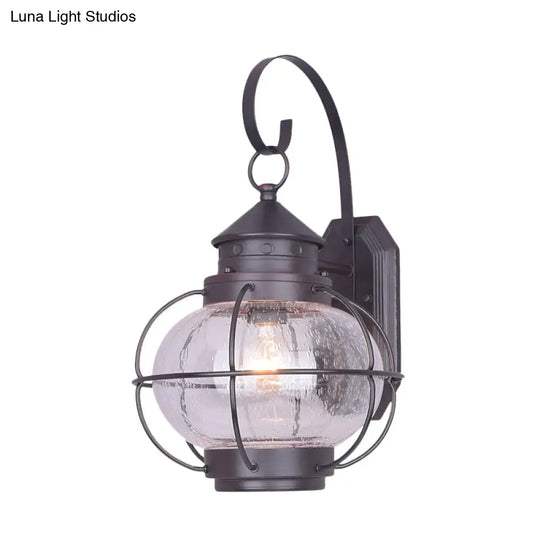 Retro Coffee/Bronze Lantern Wall Light With Wire Cage - Outdoor 1 Head Lighting In White/Clear Glass