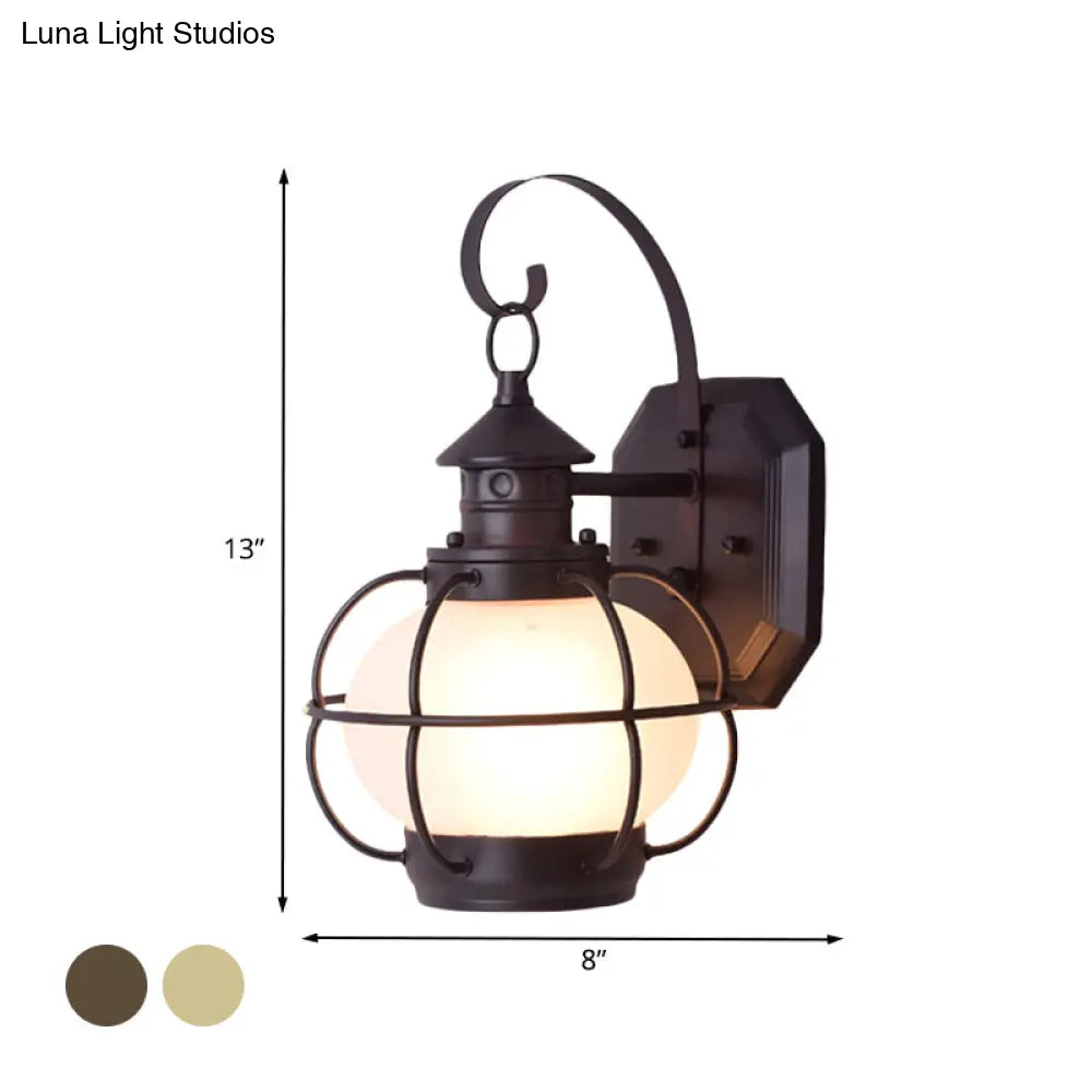 Retro Coffee/Bronze Lantern Wall Light With Wire Cage - Outdoor 1 Head Lighting In White/Clear Glass