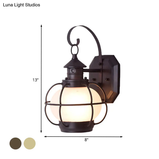 Retro Coffee/Bronze Lantern Wall Light With Wire Cage - Outdoor 1 Head Lighting In White/Clear Glass