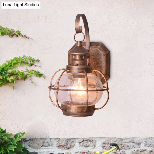 Retro Coffee/Bronze Lantern Wall Light With Wire Cage - Outdoor 1 Head Lighting In White/Clear Glass