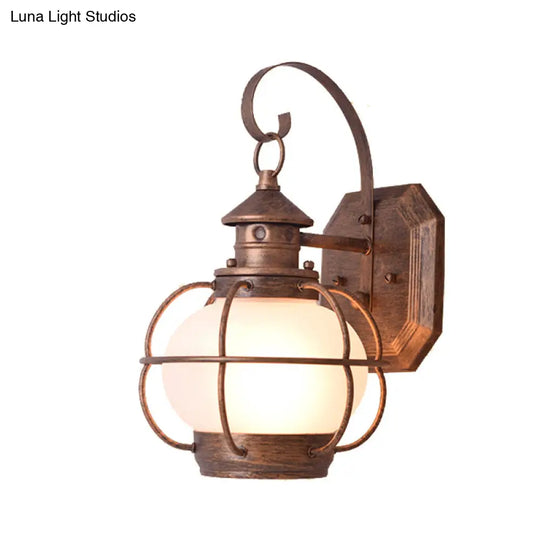 Retro Coffee/Bronze Lantern Wall Light With Wire Cage - Outdoor 1 Head Lighting In White/Clear Glass