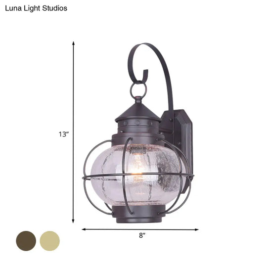 Retro Coffee/Bronze Lantern Wall Light With Wire Cage - Outdoor 1 Head Lighting In White/Clear Glass