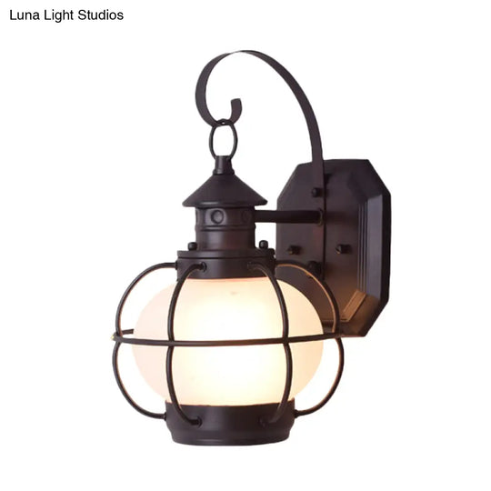 Retro Coffee/Bronze Lantern Wall Light With Wire Cage - Outdoor 1 Head Lighting In White/Clear Glass