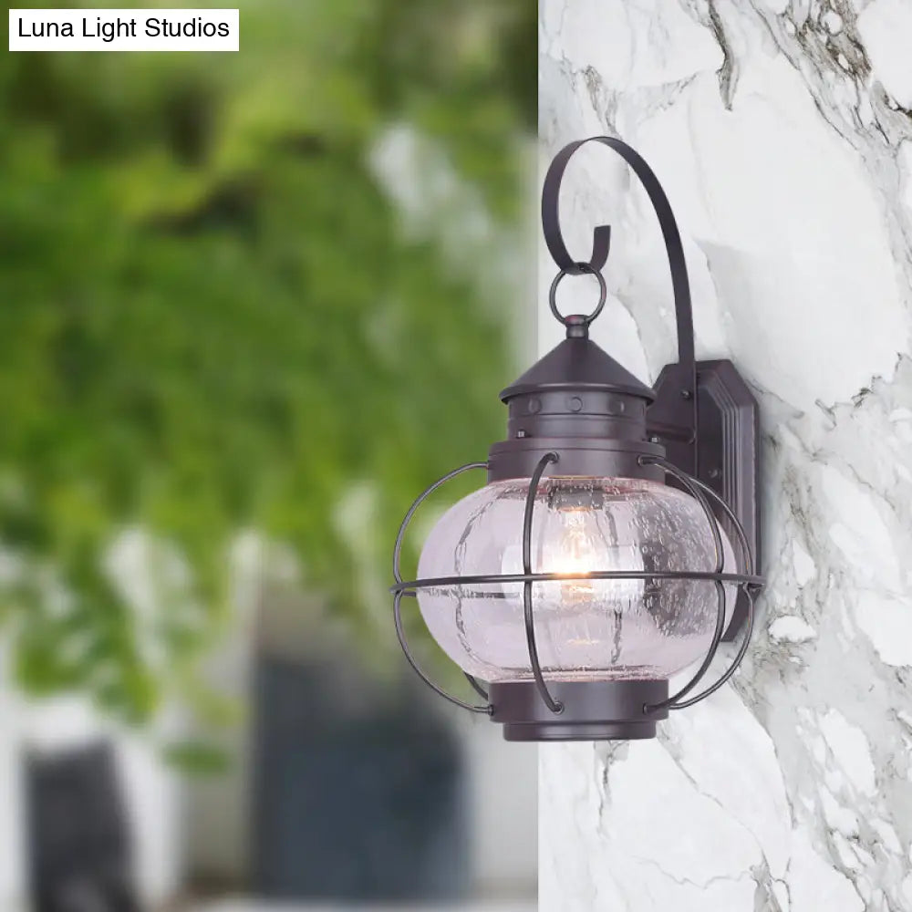 Retro Coffee/Bronze Lantern Wall Light With Wire Cage - Outdoor 1 Head Lighting In White/Clear Glass