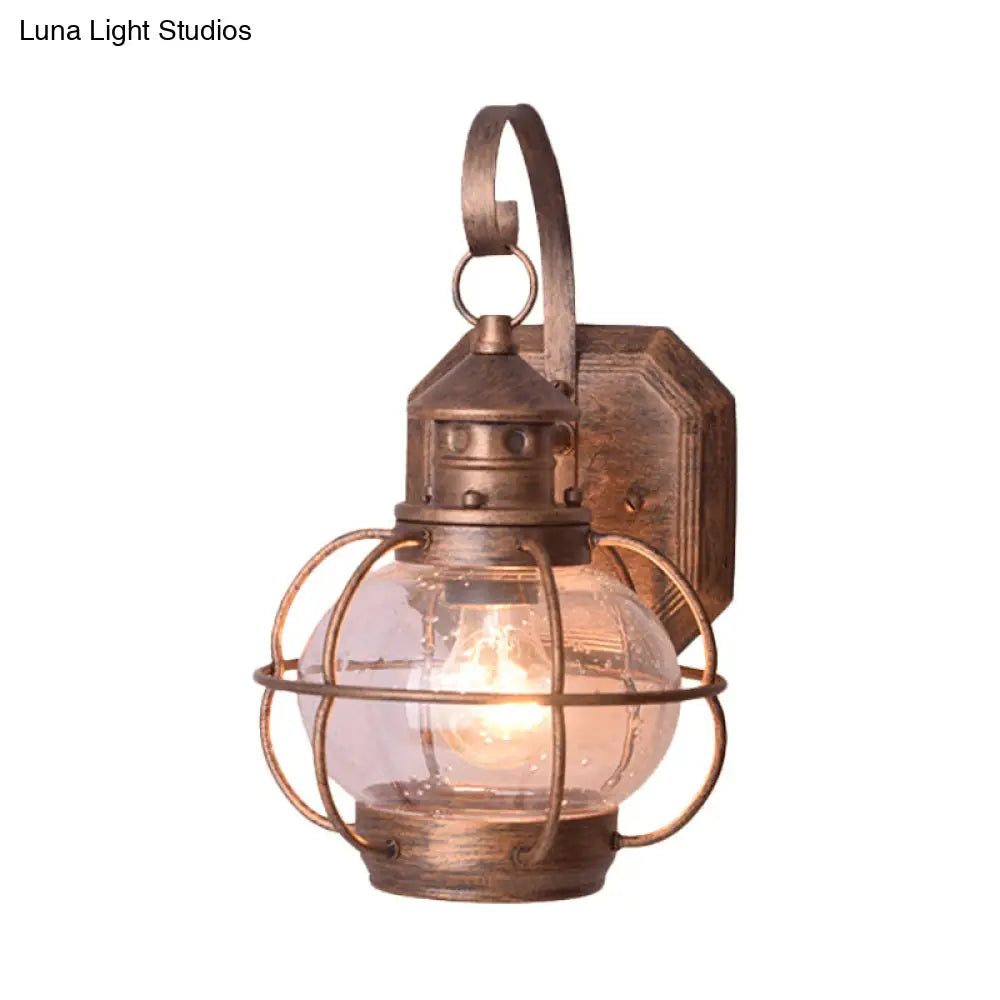 Retro Coffee/Bronze Lantern Wall Light With Wire Cage - Outdoor 1 Head Lighting In White/Clear Glass