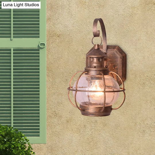 Retro Coffee/Bronze Lantern Wall Light With Wire Cage - Outdoor 1 Head Lighting In White/Clear Glass