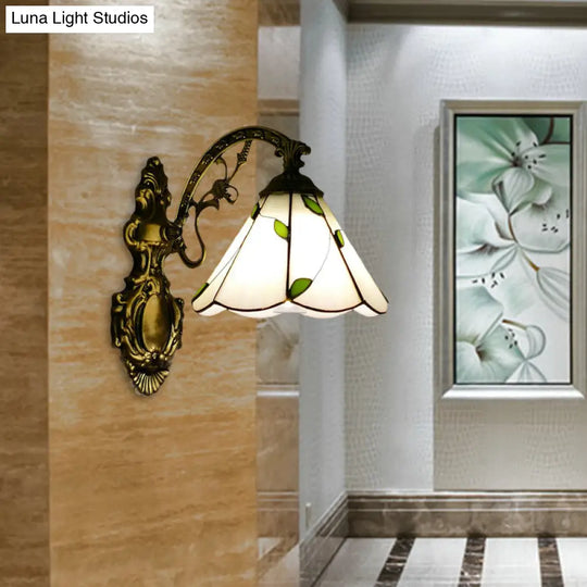 Retro Cone-Shaped Wall Sconce With Stained Glass And 1 Light For Stairway