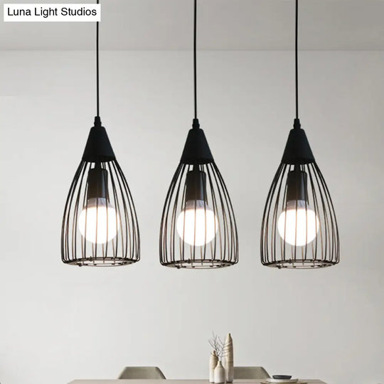 Retro 3-Bulb Metallic Ceiling Light With Black Wire Frame For Dining Room / Linear