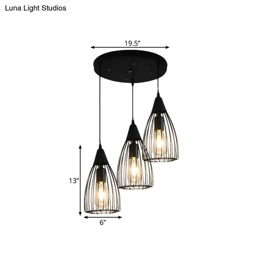 Retro Conic Ceiling Light With Wire Frame - 3 Bulbs Metallic Finish Black Perfect For Dining Room