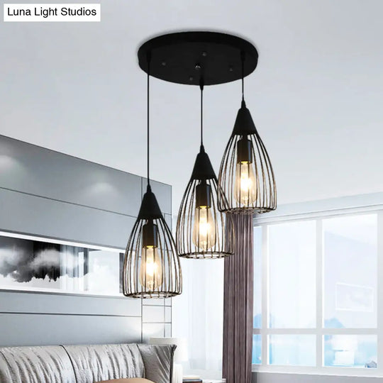 Retro Conic Ceiling Light With Wire Frame - 3 Bulbs Metallic Finish Black Perfect For Dining Room