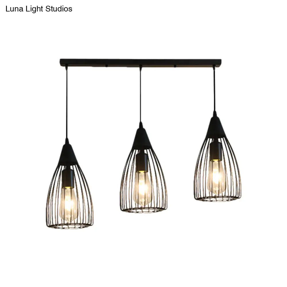 Retro Conic Ceiling Light With Wire Frame - 3 Bulbs Metallic Finish Black Perfect For Dining Room