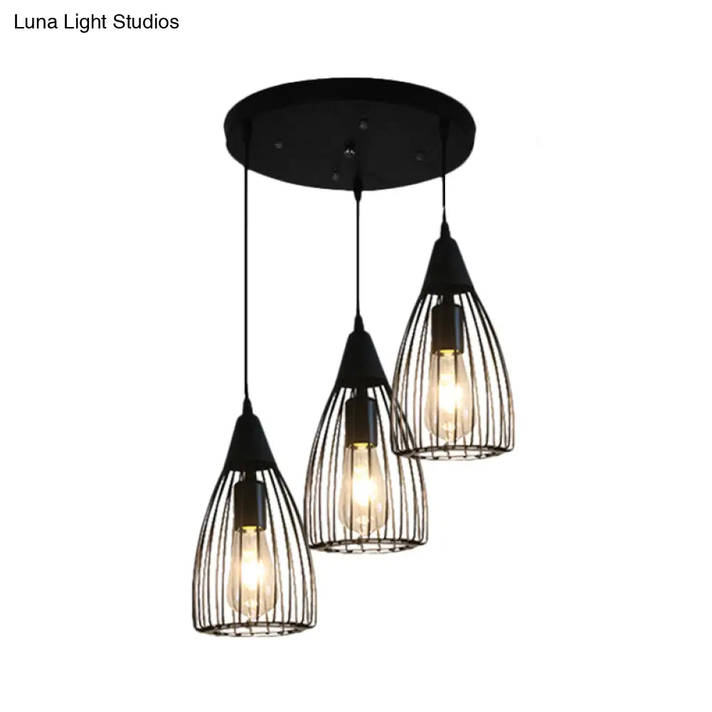 Retro Conic Ceiling Light With Wire Frame - 3 Bulbs Metallic Finish Black Perfect For Dining Room