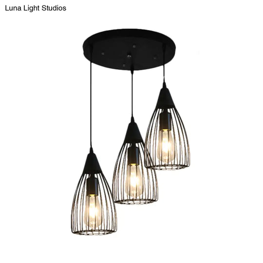 Retro Conic Ceiling Light With Wire Frame - 3 Bulbs Metallic Finish Black Perfect For Dining Room