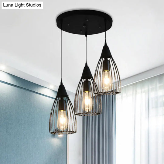 Retro Conic Ceiling Light With Wire Frame - 3 Bulbs Metallic Finish Black Perfect For Dining Room