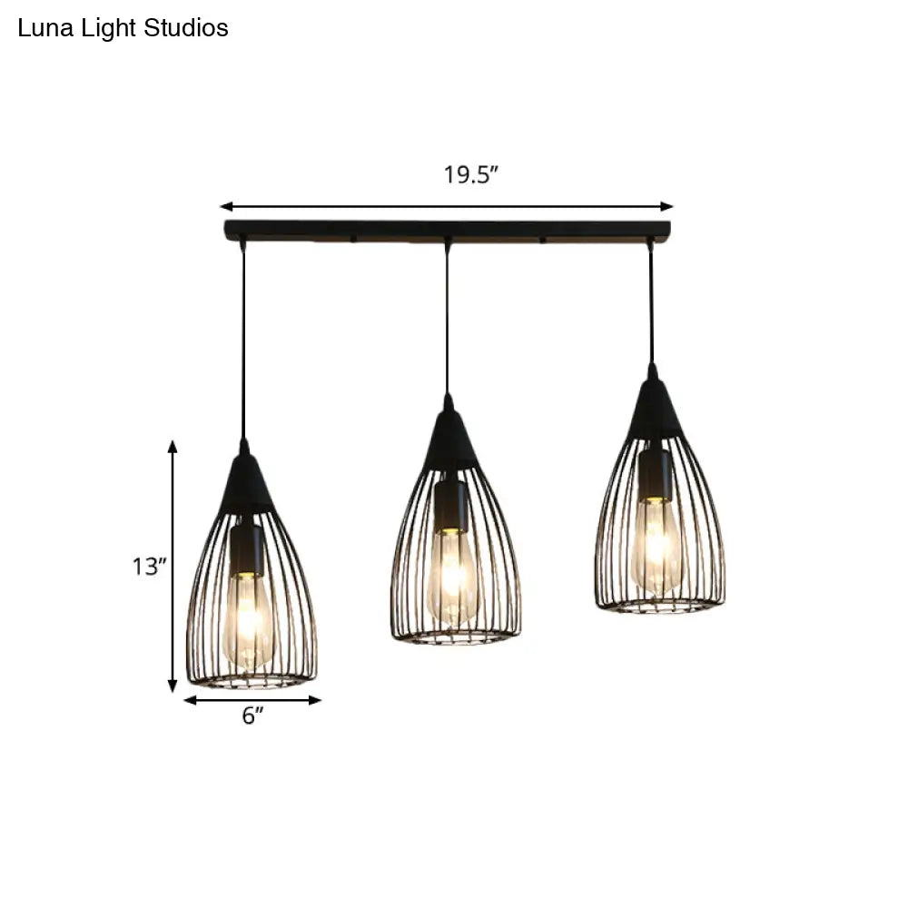 Retro Conic Ceiling Light With Wire Frame - 3 Bulbs Metallic Finish Black Perfect For Dining Room