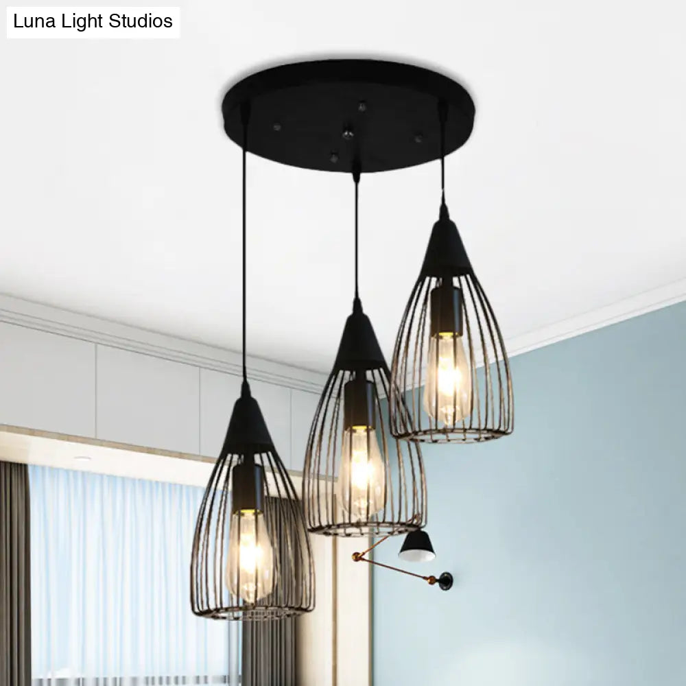 Retro 3-Bulb Metallic Ceiling Light With Black Wire Frame For Dining Room / Round