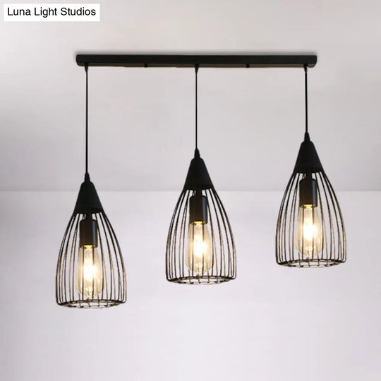 Retro Conic Ceiling Light With Wire Frame - 3 Bulbs Metallic Finish Black Perfect For Dining Room