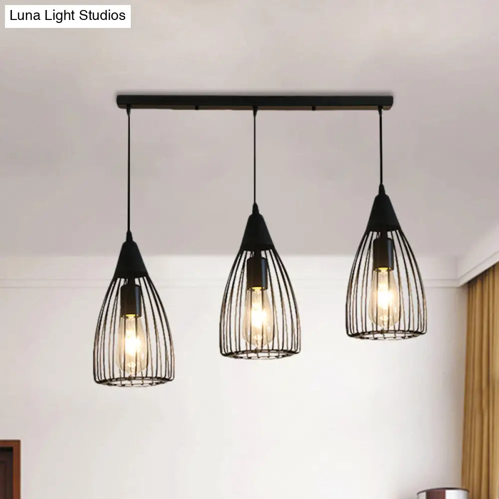 Retro Conic Ceiling Light With Wire Frame - 3 Bulbs Metallic Finish Black Perfect For Dining Room