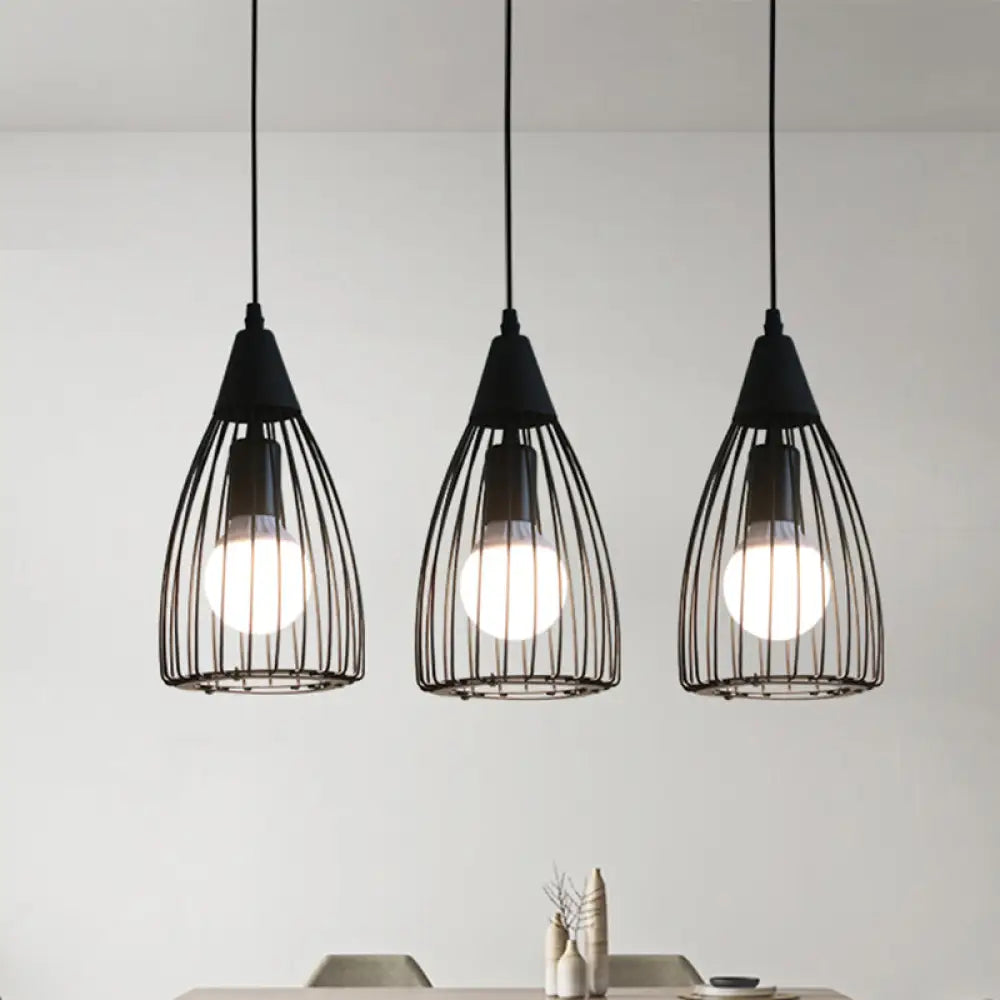 Retro Conic Ceiling Light With Wire Frame - 3 Bulbs Metallic Finish Black Perfect For Dining Room /