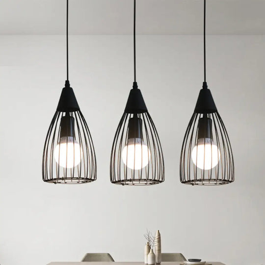 Retro Conic Ceiling Light With Wire Frame - 3 Bulbs Metallic Finish Black Perfect For Dining Room /