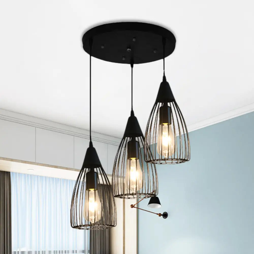 Retro Conic Ceiling Light With Wire Frame - 3 Bulbs Metallic Finish Black Perfect For Dining Room /