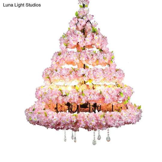 Retro Conical Iron Chandelier With 14 Heads: Restaurant Pendant Light Artificial Cherry Blossom