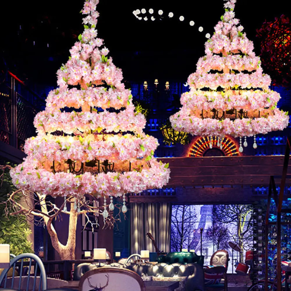 Retro Conical Iron Chandelier With 14 Heads: Restaurant Pendant Light Artificial Cherry Blossom Pink