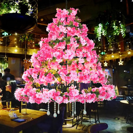 Retro Conical Iron Chandelier With 14 Heads: Restaurant Pendant Light Artificial Cherry Blossom