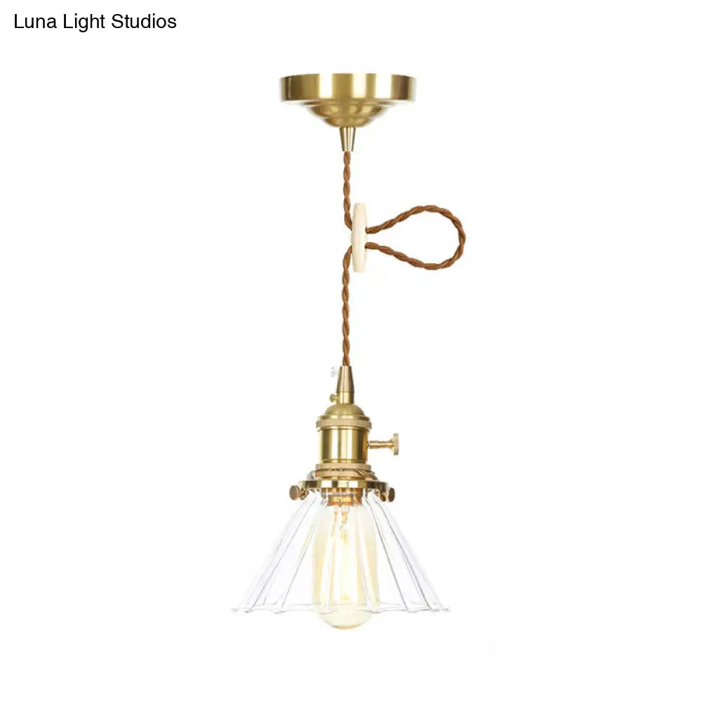 Retro Conical Pendant Light With Clear Ruffle Glass For Foyer - 1