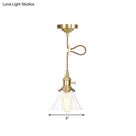 Retro Style Conical Pendant Light With Clear Ruffle Glass For Foyer