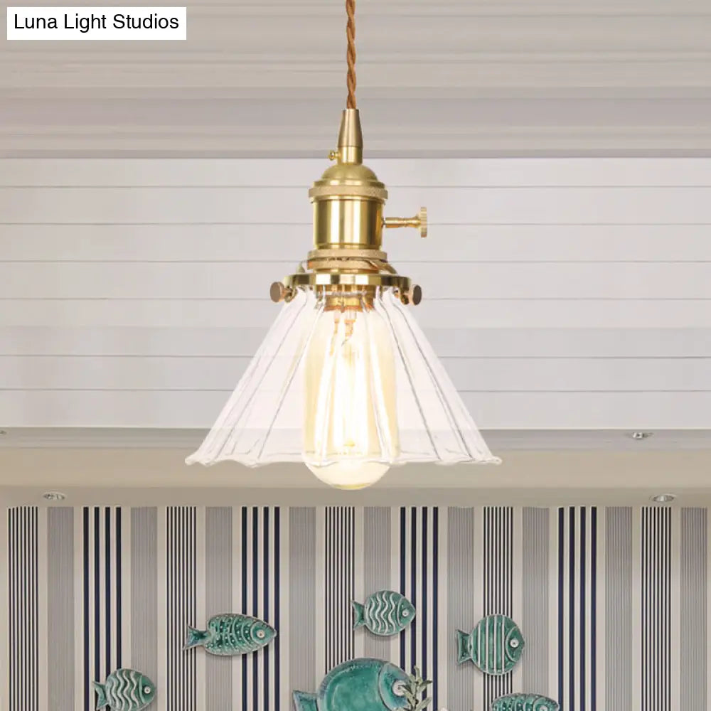 Retro Conical Pendant Light With Clear Ruffle Glass For Foyer - 1