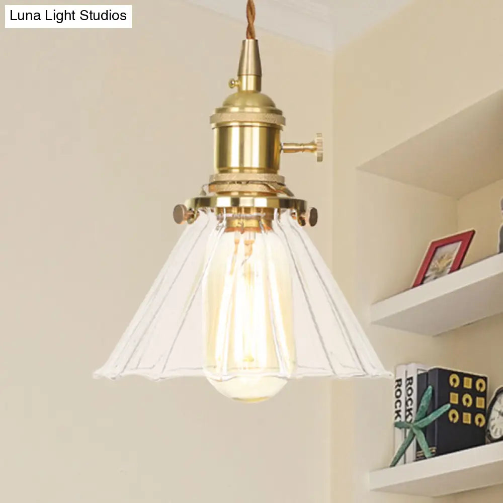 Retro Conical Pendant Light With Clear Ruffle Glass For Foyer - 1