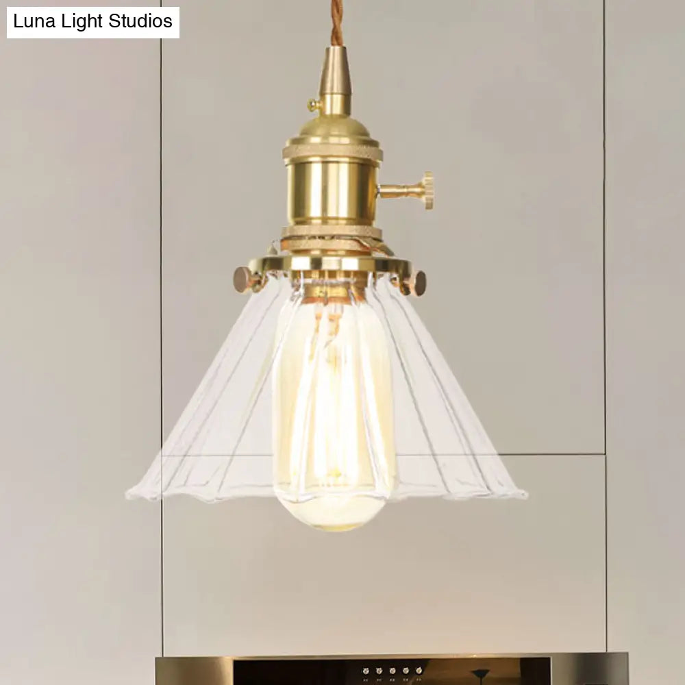 Retro Style Conical Pendant Light With Clear Ruffle Glass For Foyer / 1