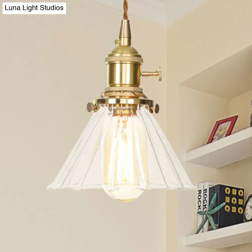 Retro Style Conical Pendant Light With Clear Ruffle Glass For Foyer