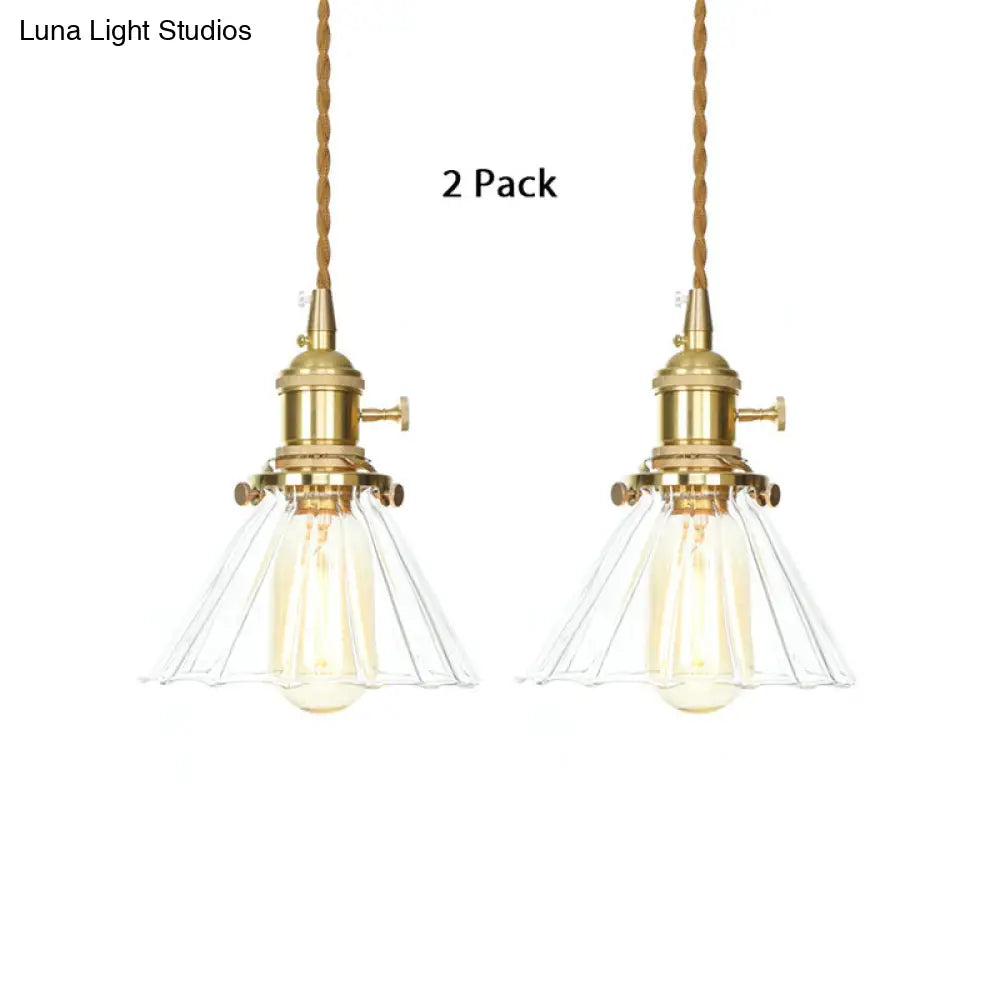 Retro Style Conical Pendant Light With Clear Ruffle Glass For Foyer / 2