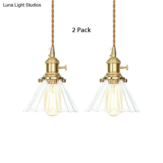 Retro Style Conical Pendant Light With Clear Ruffle Glass For Foyer / 2