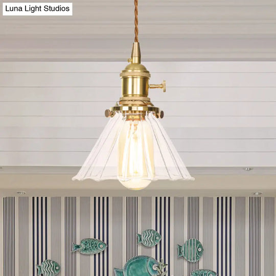 Retro Style Conical Pendant Light With Clear Ruffle Glass For Foyer