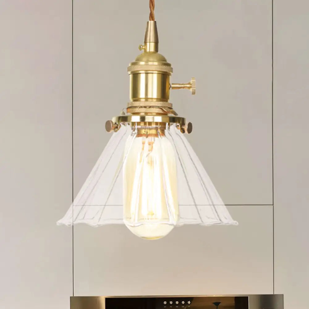 Retro Conical Pendant Light With Clear Ruffle Glass For Foyer - 1 /